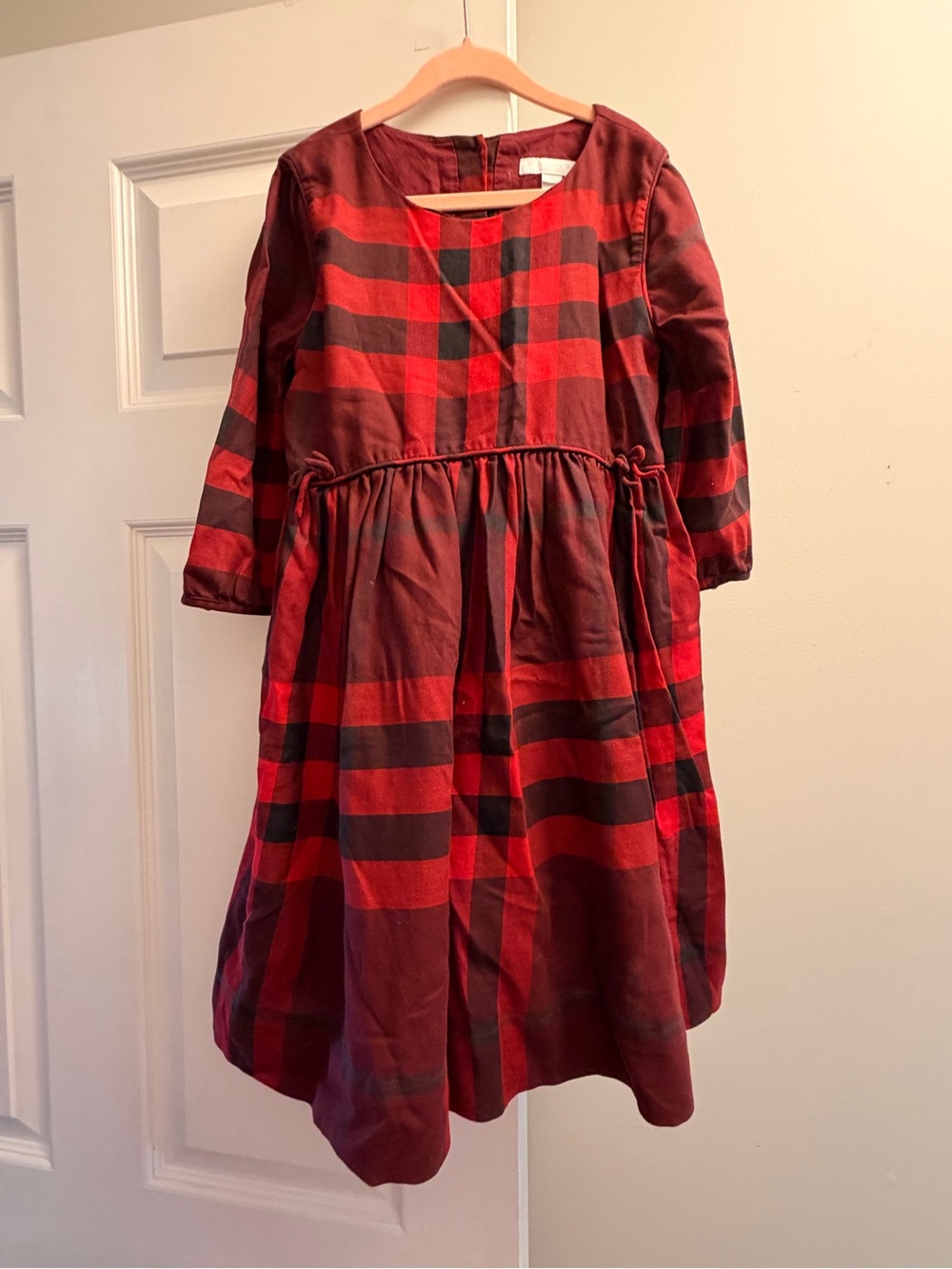 Girls Burberry Red Plaid Long Sleeve Holiday Dress